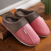 Leather Slippers Female Male And Female Couple Warm Winter Home Skid Slippers Men And Thick Crust Waterproof PU Lint