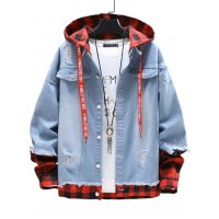 Spring and Autumn Fashion False Two-piece Coat Men Hooded Denim Jacket