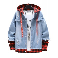 Spring and Autumn Fashion False Two-piece Coat Men Hooded Denim Jacket