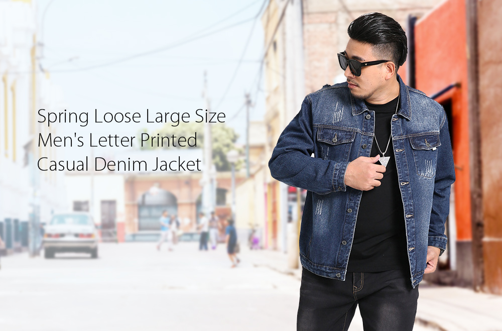 Spring Loose Large Size Men's Letter Printed Casual Denim Jacket - Blue 6XL Large Size Men's Letter Printed Casual Denim Jacket