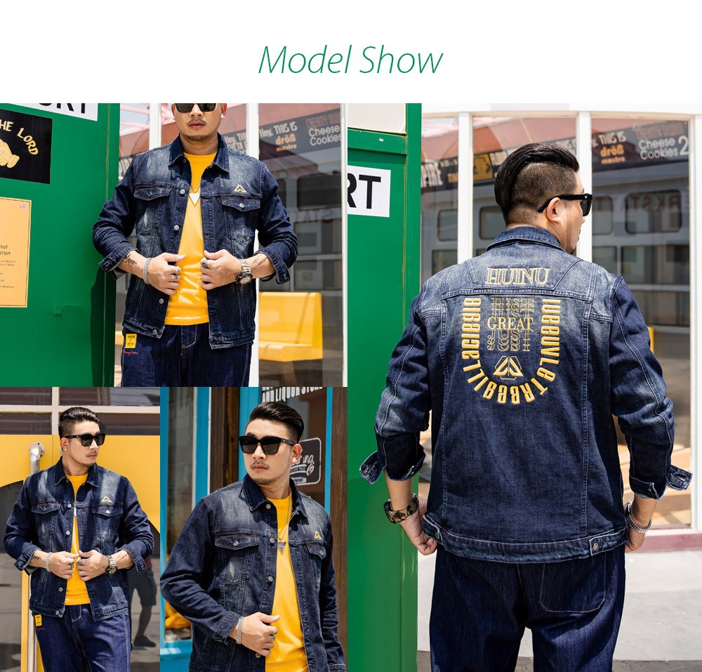 Spring and Autumn Fashion Embroidered Loose Large Size Men's Denim Jacket - Color Chart 5XL Model Show